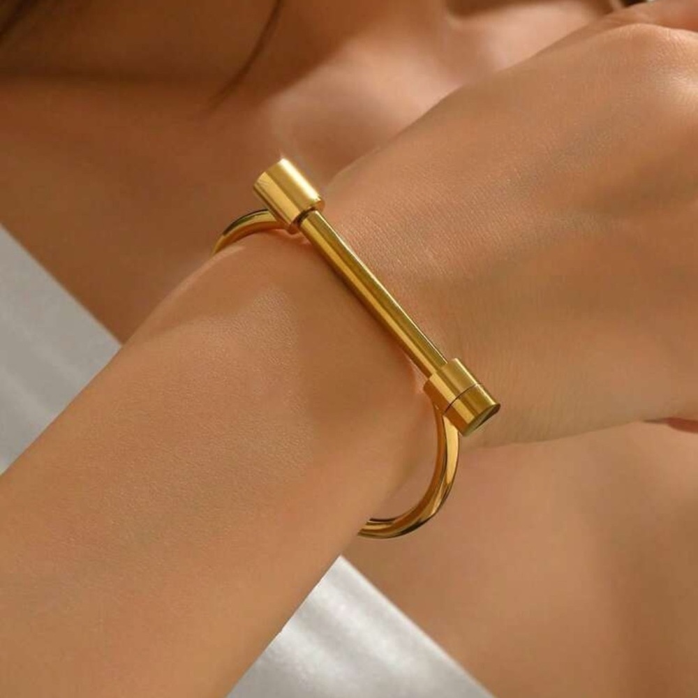 Gold Plated Stainless Steel Bar Cuff Bracelet Tarnish Resistant Minimalist